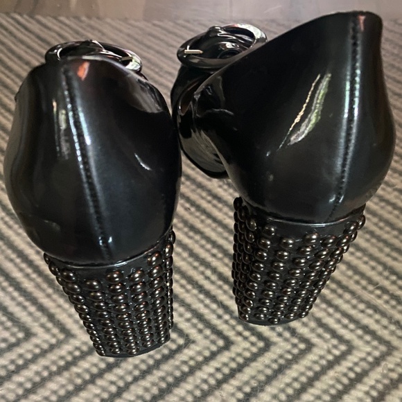 SPAZIO MODA Dk Metallic Gray Vero Cuoio Leather Pointed Toe Studded Heels Sz 38 - Picture 7 of 16